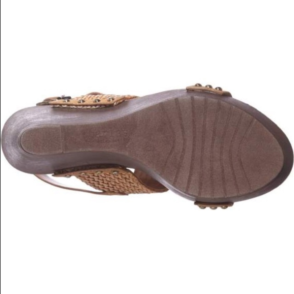 Tan Double Straps Chic Leather Platform Wedges - Picture 6 of 6
